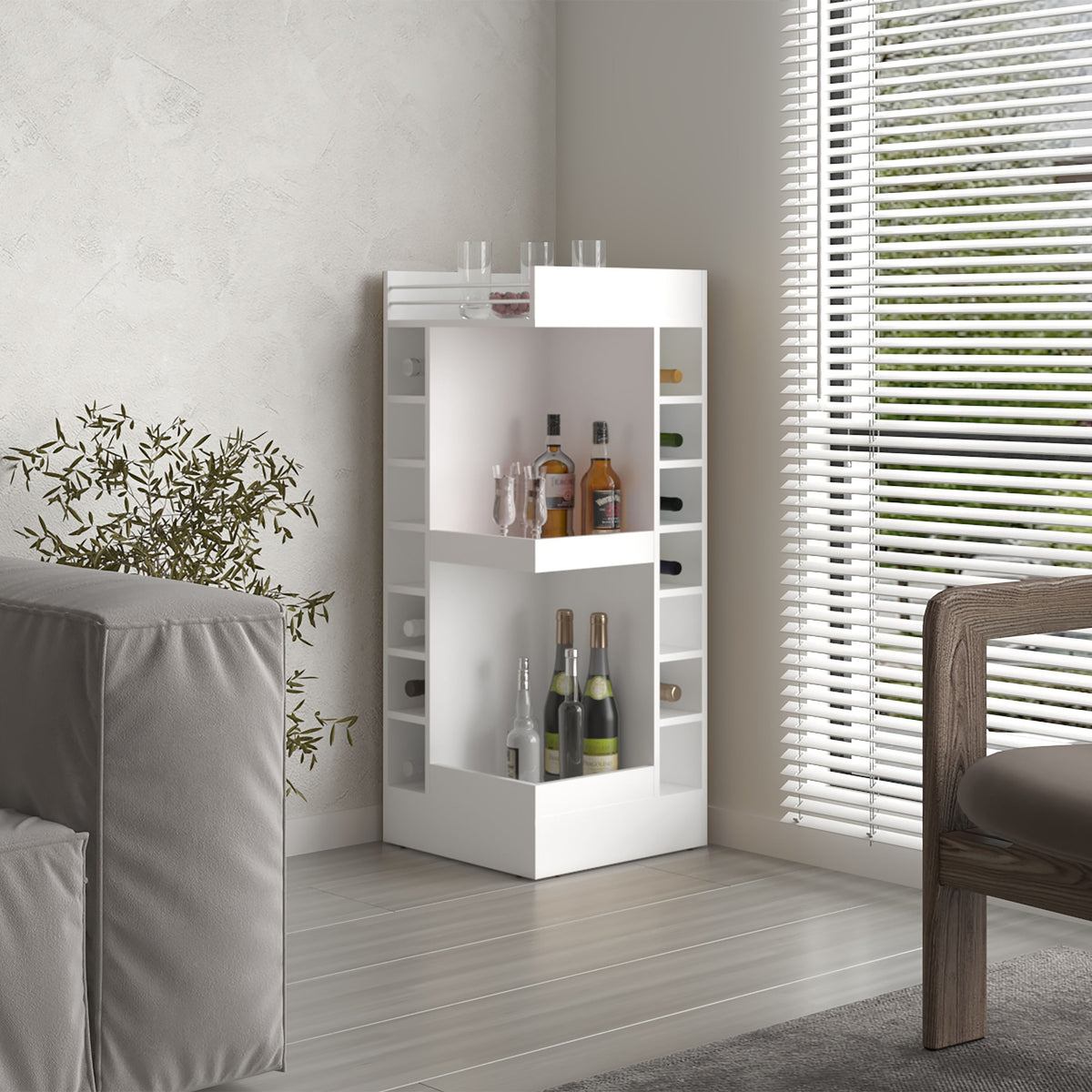 Lyman 46" Tall 3-Tier Corner Bar Cabinet with Fourteen Wine Bottle Cubbies, Living Room, Liquor Cabinet, Storage Cabinet White