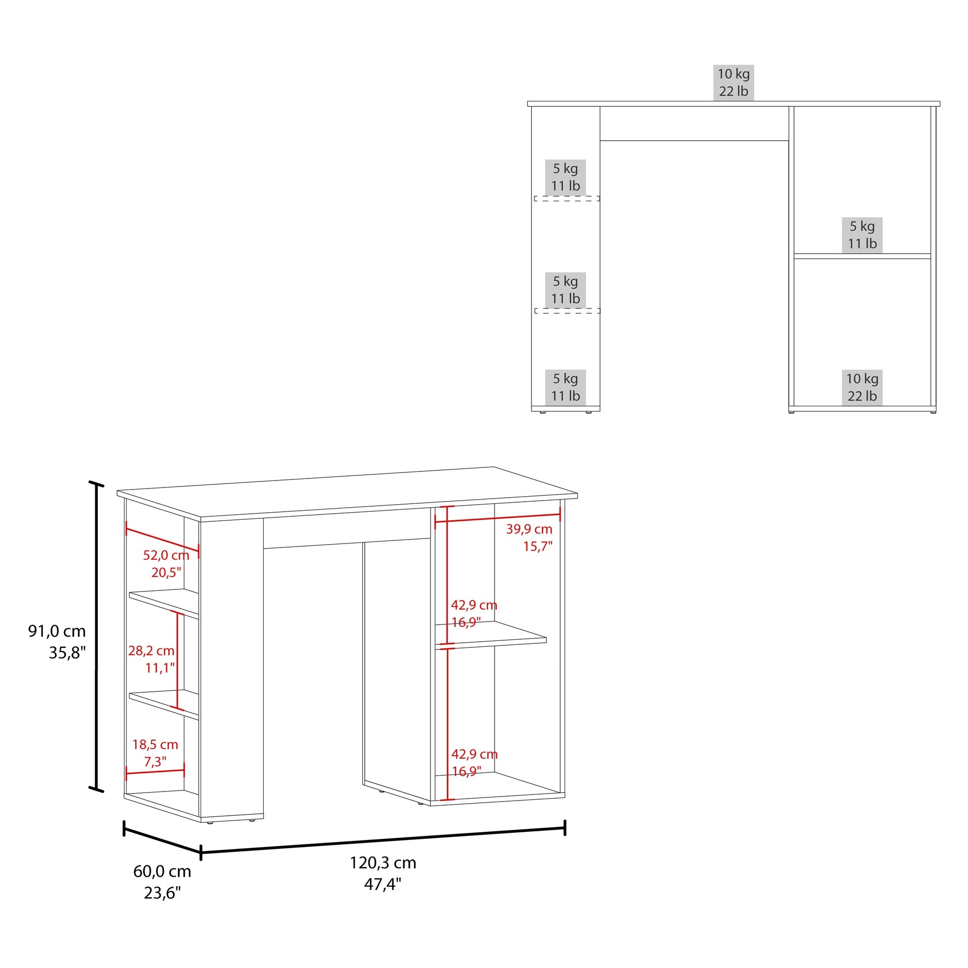 Allen 47" Wide Kitchen Island One Cabinet and Five Shelves, Bar Table, Dinning Table. Pub Table White- Natural Oak