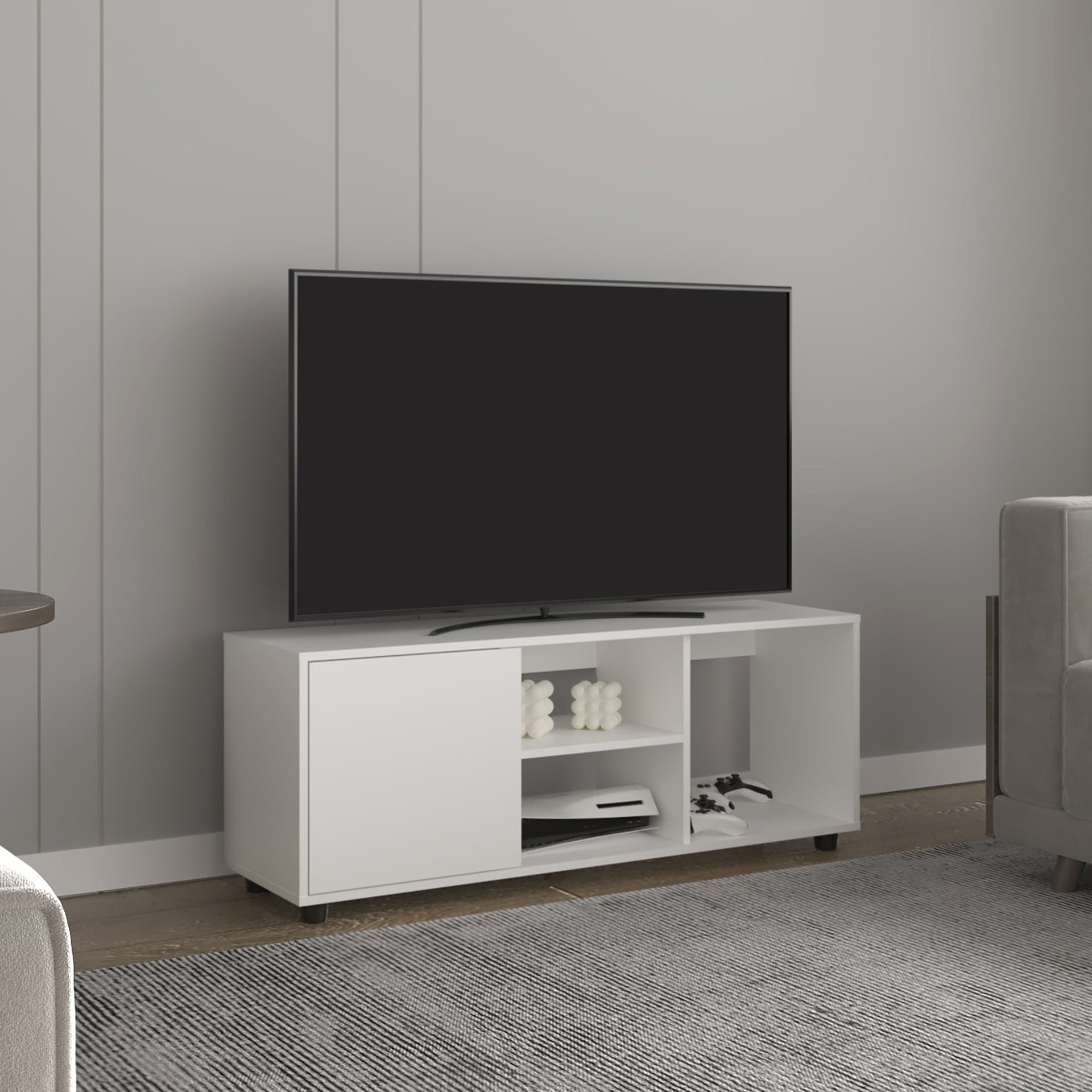 Adel 51" Wide Tv Stand with One Door Cabinet , Four Open Shelves, Cable Management, Living Room, Tv Room White