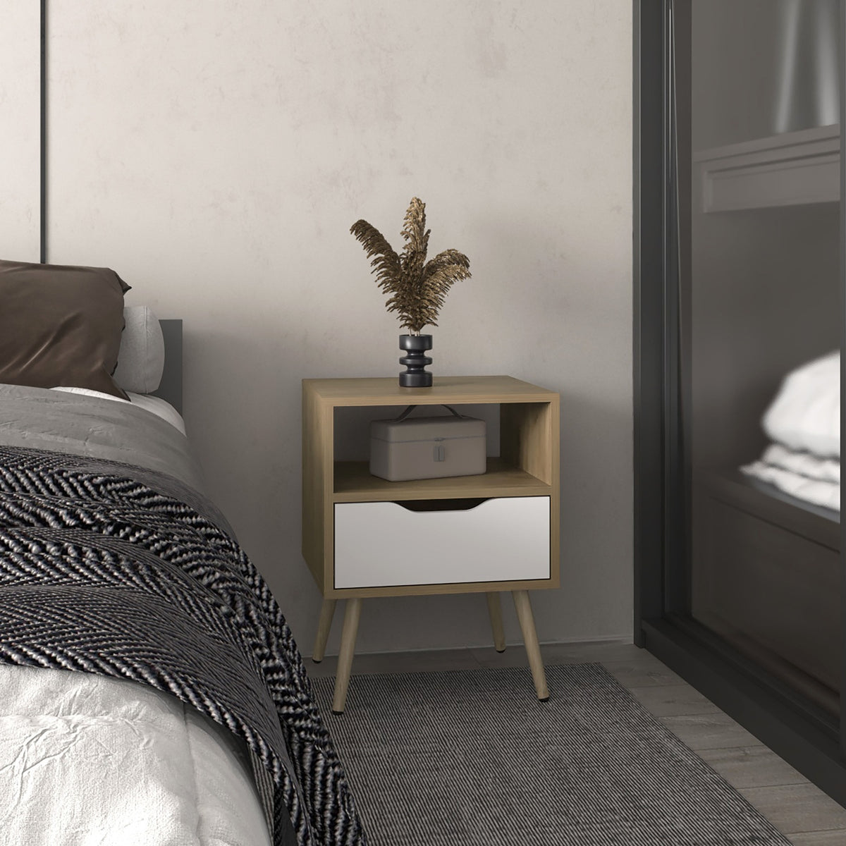Wenden 21" High Nightstand, One Drawer, One Open Shelf, Natural Oak, White
