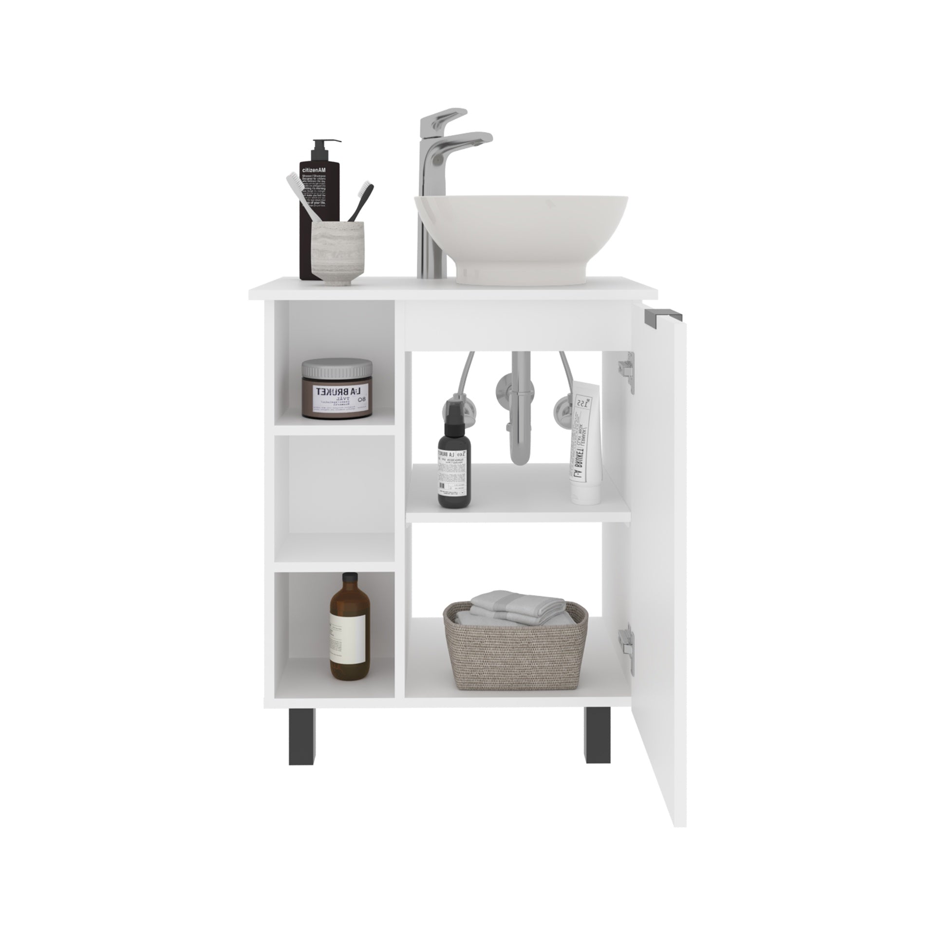 Allegra Vessel Sink Vanity With One Door Storage And Open Shelves, Freestanding Bathroom Cabinet, White