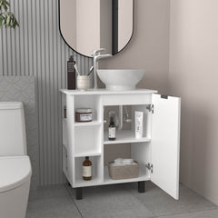 Allegra Vessel Sink Vanity With One Door Storage And Open Shelves, Freestanding Bathroom Cabinet, White