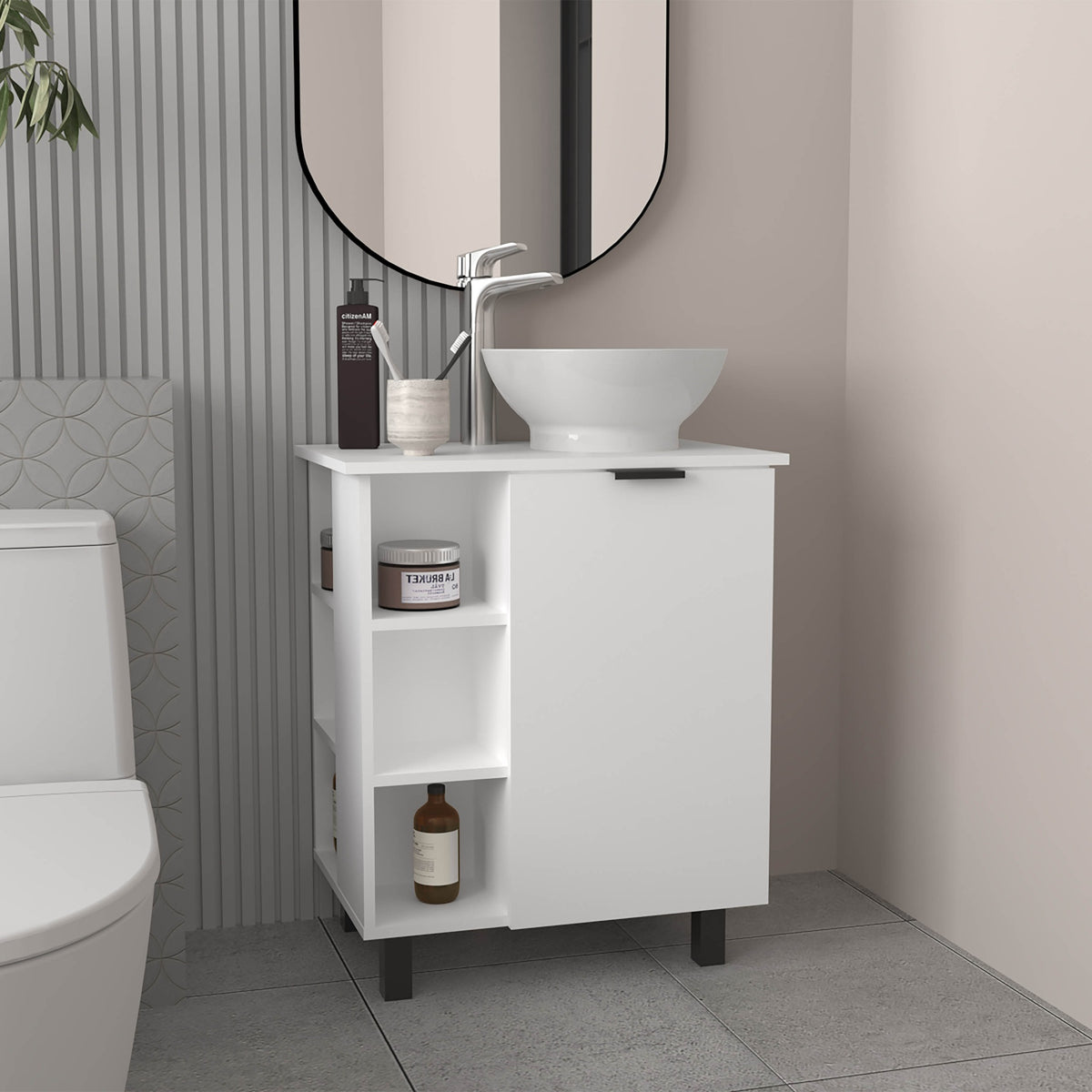 Allegra Vessel Sink Vanity With One Door Storage And Open Shelves, Freestanding Bathroom Cabinet, White