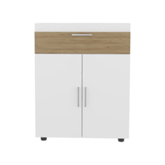 Belton Shoe Rack With Double Doors And Interior Shelves, Freestanding Footwear Storage Cabinet, White/ Natural Oak
