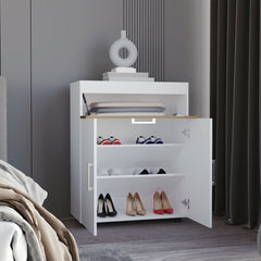 Belton Shoe Rack With Double Doors And Interior Shelves, Freestanding Footwear Storage Cabinet, White/ Natural Oak