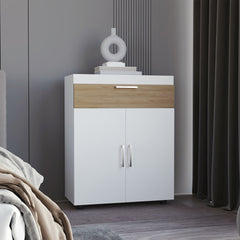 Belton Shoe Rack With Double Doors And Interior Shelves, Freestanding Footwear Storage Cabinet, White/ Natural Oak