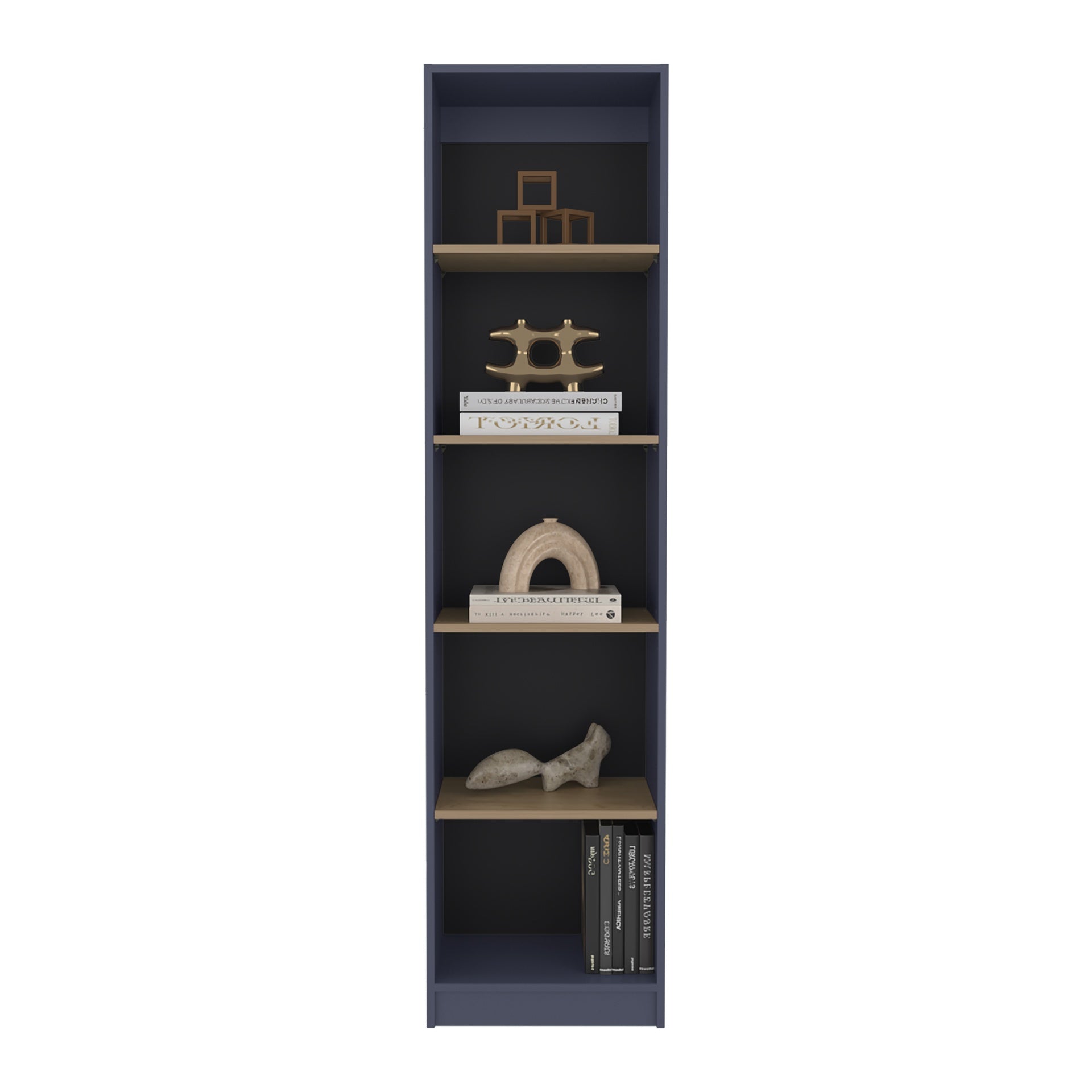 Home Xs Bookcase With 5-Tier Shelves And Slim Design, For Compact Style Living Room, Bedroom or Office Decor, Natural Oak, Navy Blue