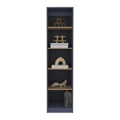 Home Xs Bookcase With 5-Tier Shelves And Slim Design, For Compact Style Living Room, Bedroom or Office Decor, Natural Oak, Navy Blue