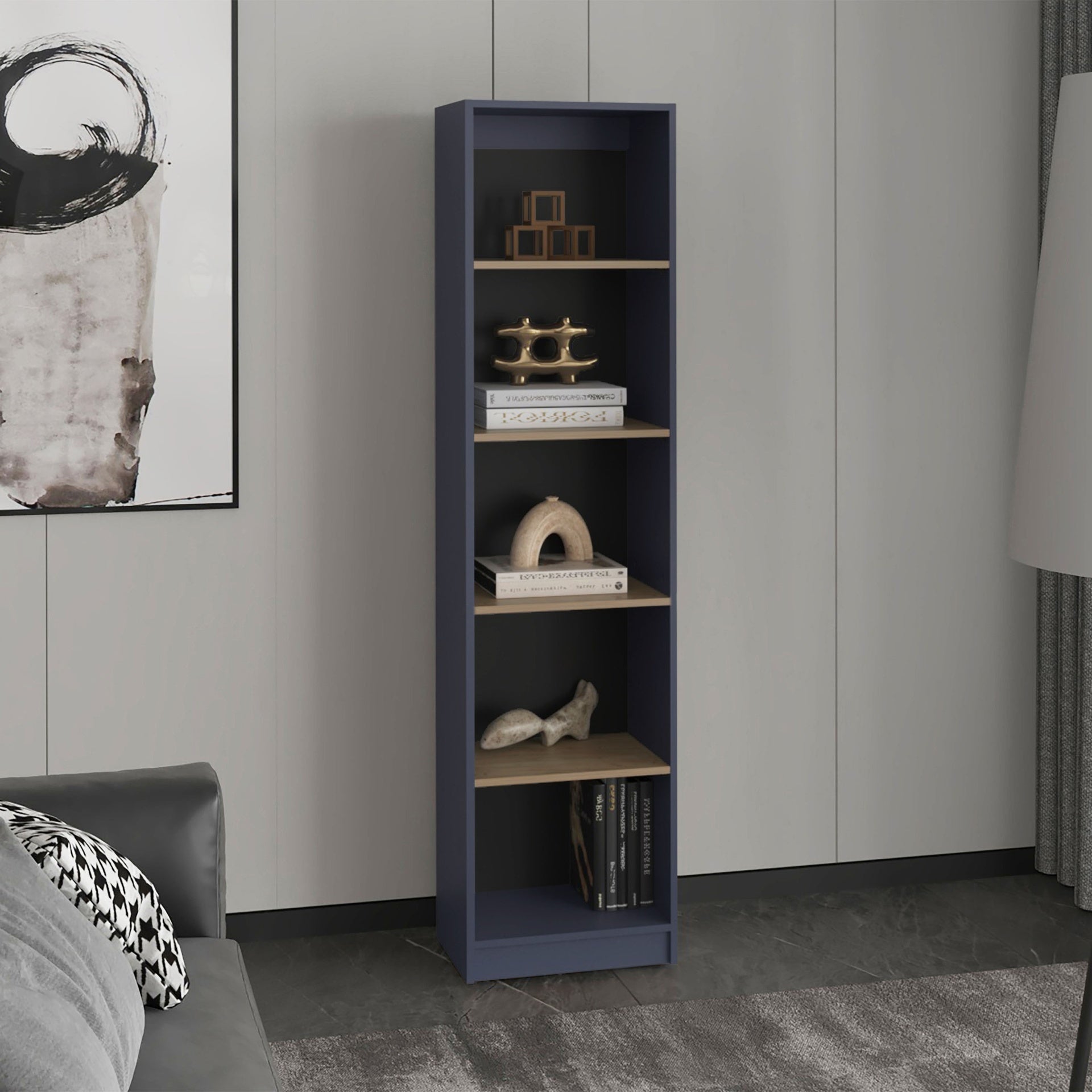 Home Xs Bookcase With 5-Tier Shelves And Slim Design, For Compact Style Living Room, Bedroom or Office Decor, Natural Oak, Navy Blue
