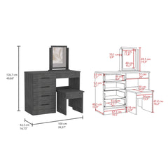 Kaia Makeup Vanity, Four Drawers, One Mirror, Stool -Smokey Oak