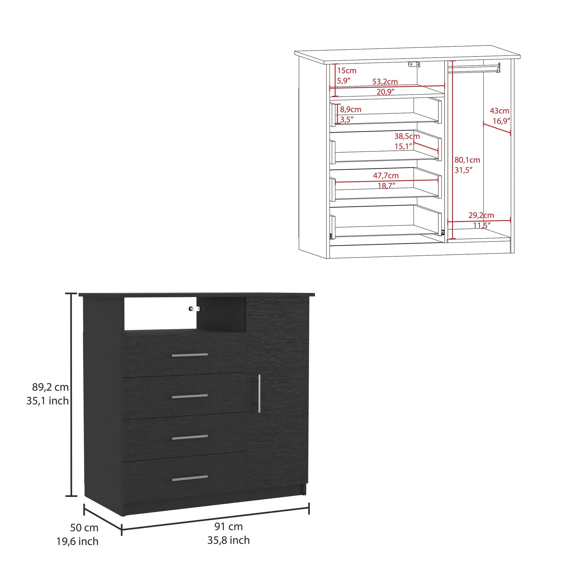 Peru 4 Drawer Dresser, Single Door Cabinet, One Open Shelf, Superior Top -Black