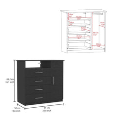 Peru 4 Drawer Dresser, Single Door Cabinet, One Open Shelf, Superior Top -Black