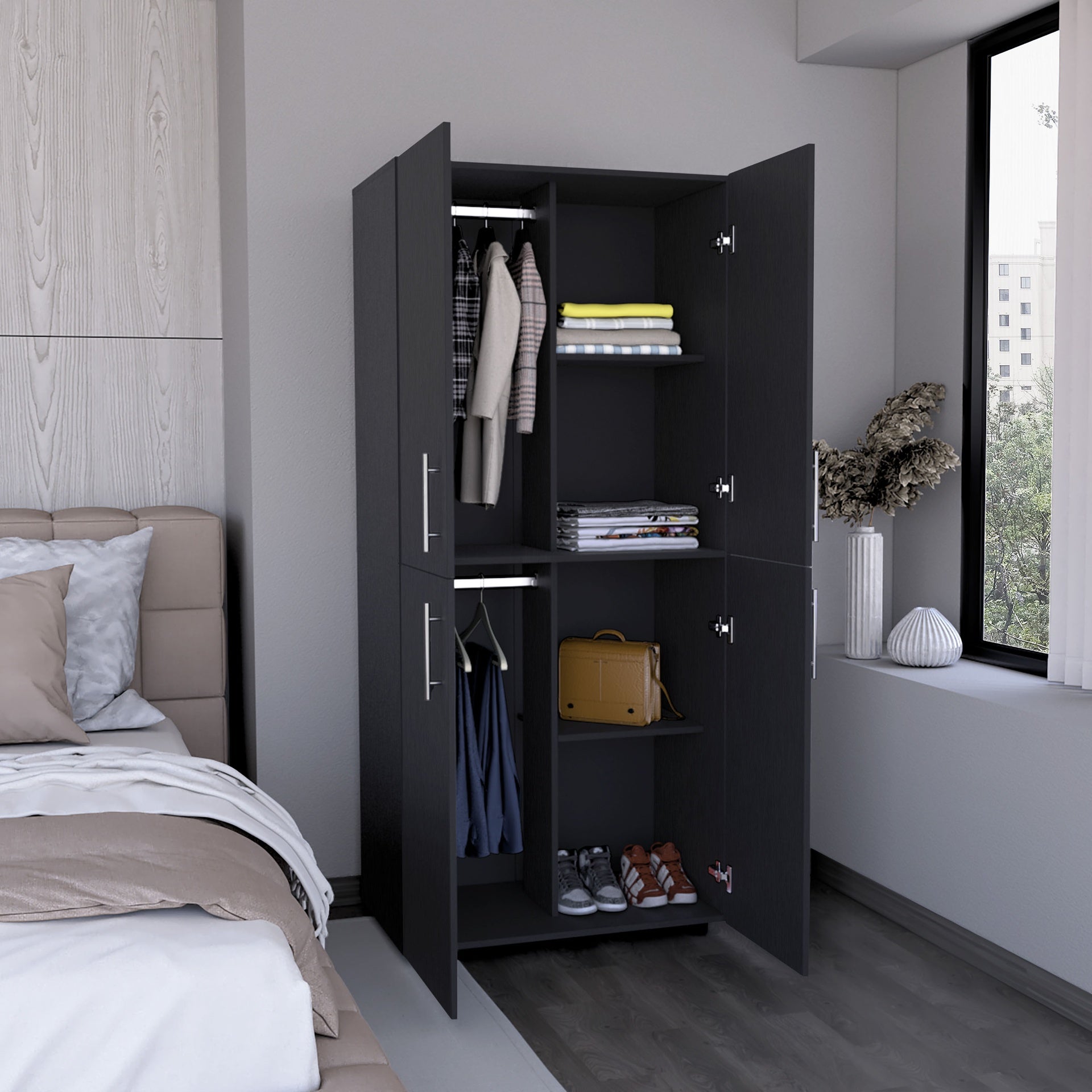 Hazel 70" High Four-Door Armoire Wardrove Closet Cabinet, Six Shelves and Two Hanging Rods, Bedroom Clothes Storage Cabinet Organizer Black