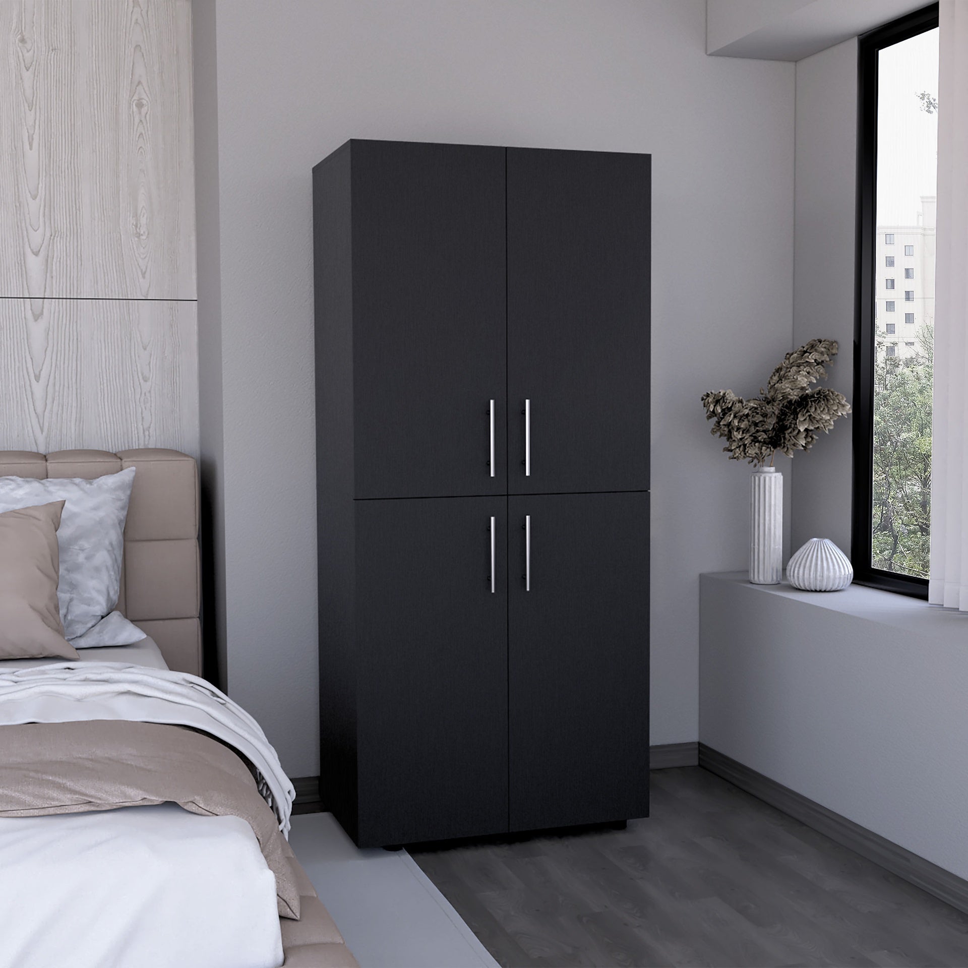 Hazel 70" High Four-Door Armoire Wardrove Closet Cabinet, Six Shelves and Two Hanging Rods, Bedroom Clothes Storage Cabinet Organizer Black