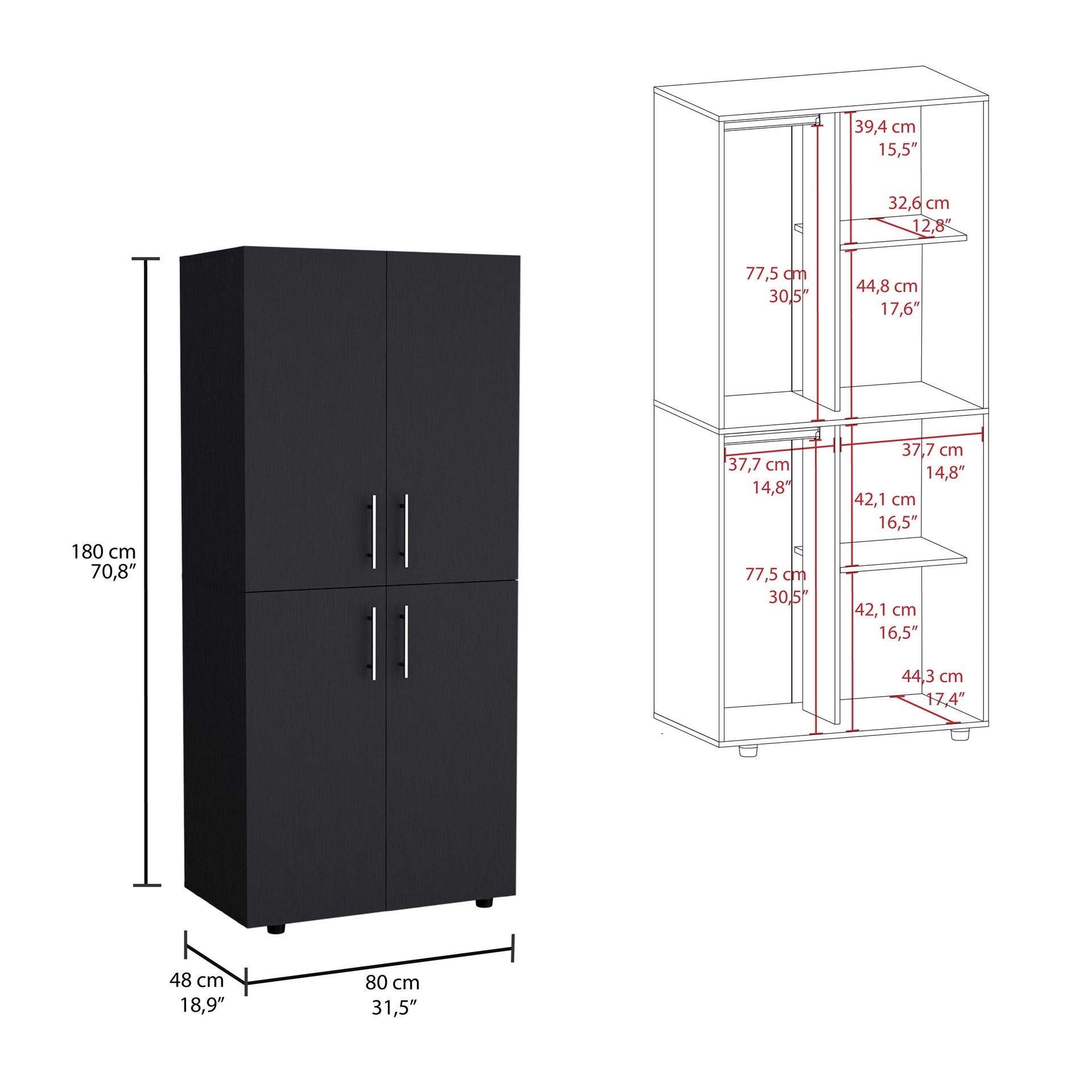Hazel 70" High Four-Door Armoire Wardrove Closet Cabinet, Six Shelves and Two Hanging Rods, Bedroom Clothes Storage Cabinet Organizer Black