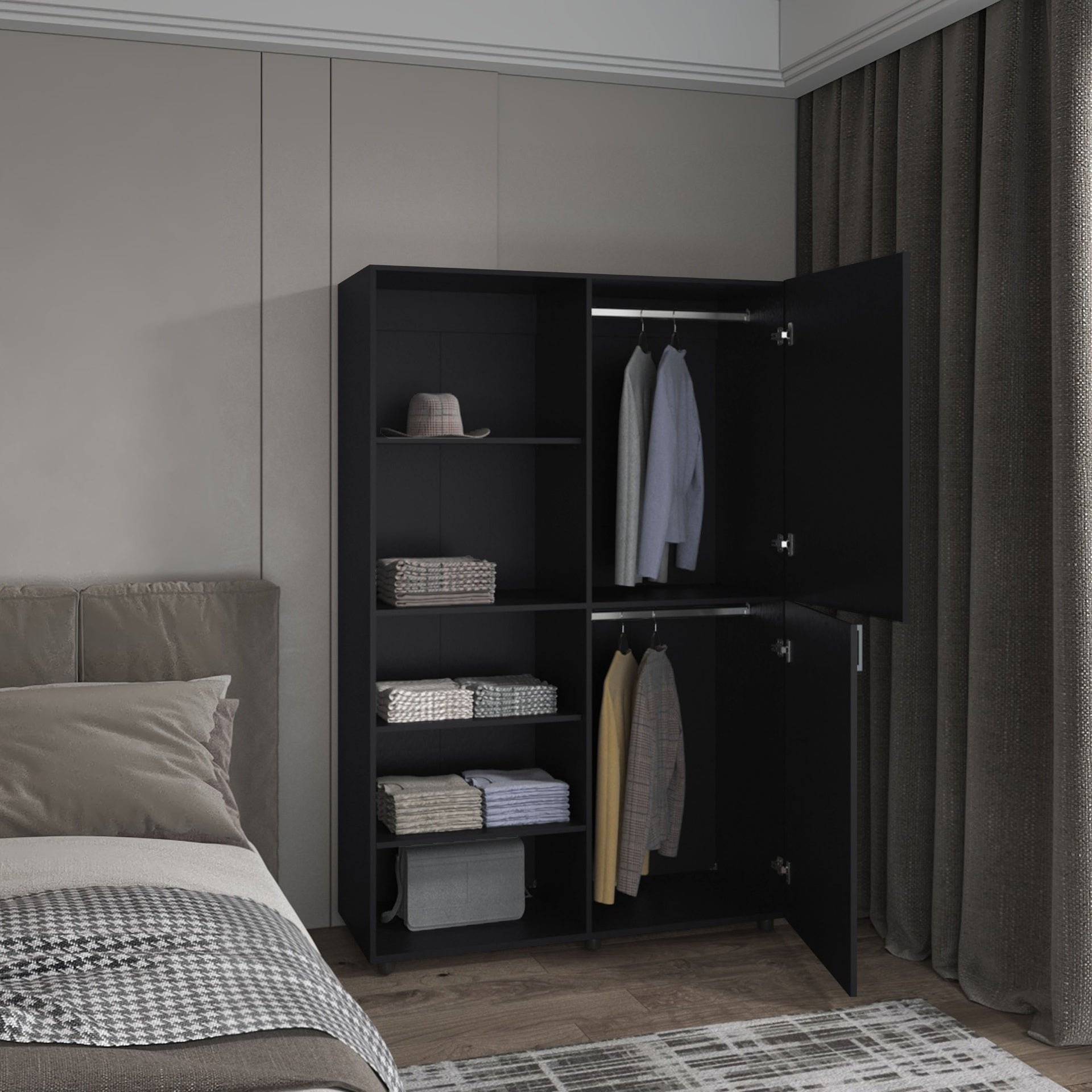 Eco High One Door Freestanding Armoire With Hanging Rod And Interior Shelves, Compact Bedroom Wardrobe, Black