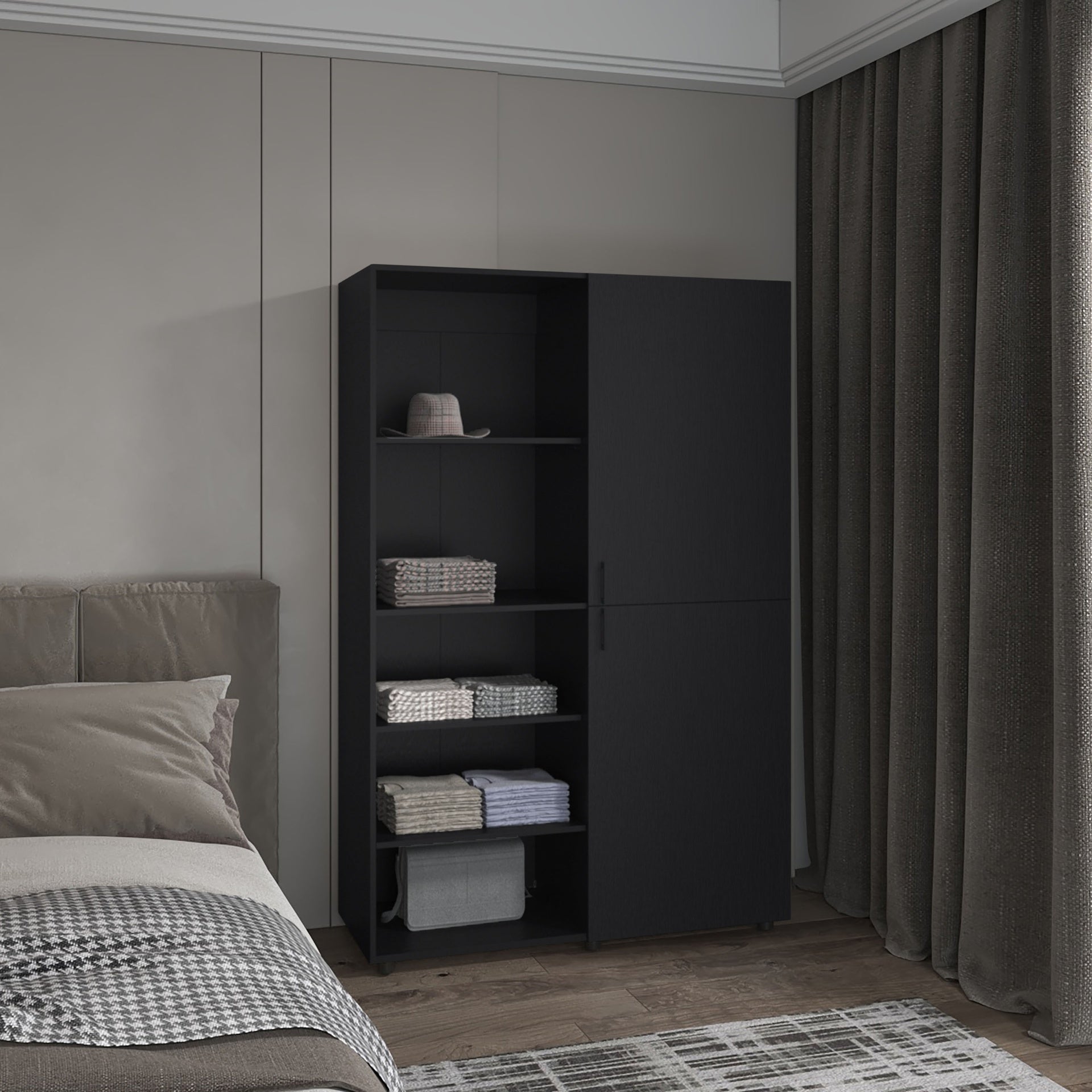 Eco High One Door Freestanding Armoire With Hanging Rod And Interior Shelves, Compact Bedroom Wardrobe, Black