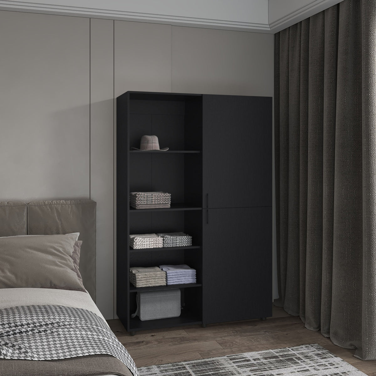 Eco High One Door Freestanding Armoire With Hanging Rod And Interior Shelves, Compact Bedroom Wardrobe, Black
