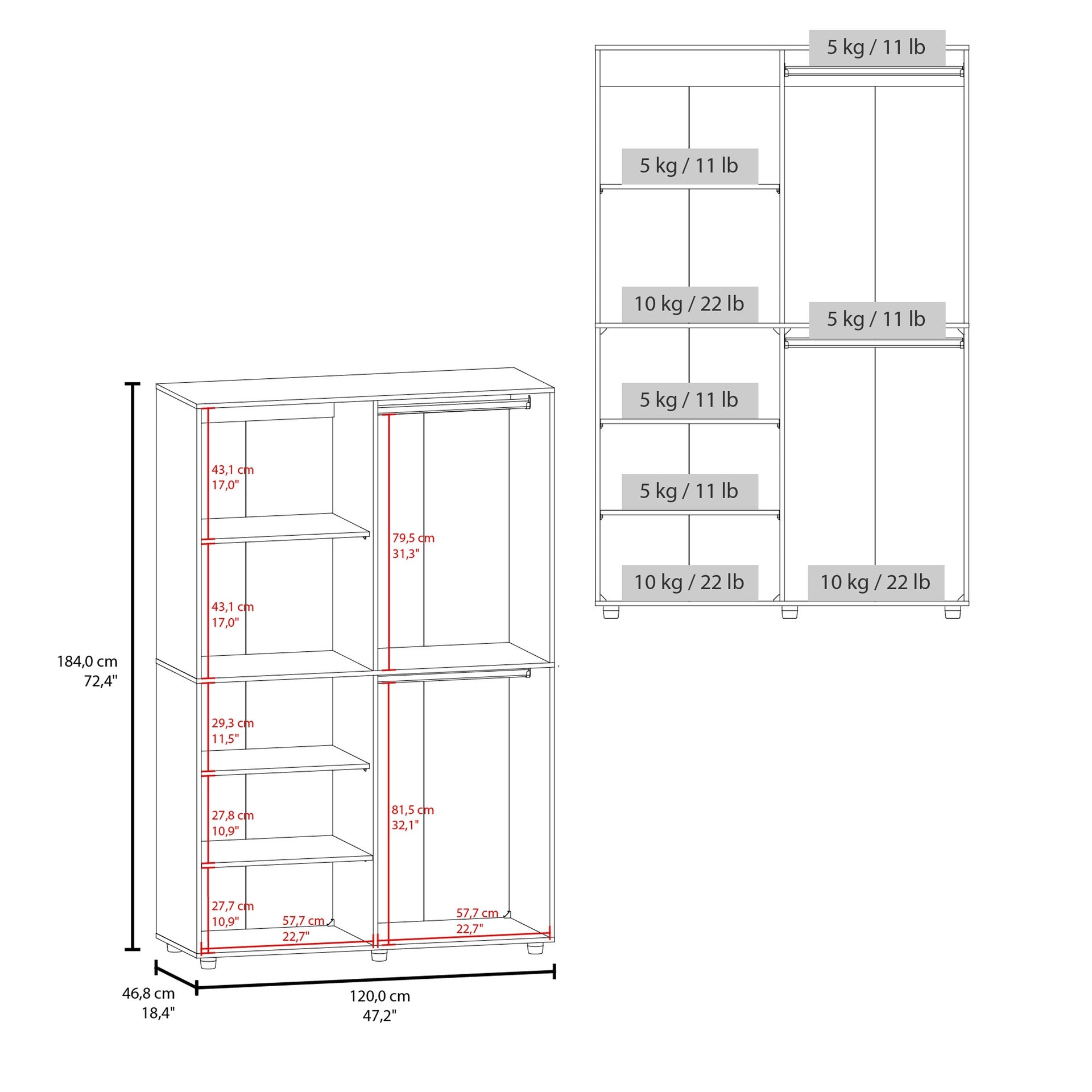 Eco High One Door Freestanding Armoire With Hanging Rod And Interior Shelves, Compact Bedroom Wardrobe, Black