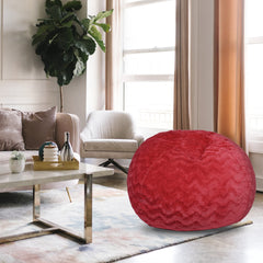 Faux Fur Bean Bag Chair, Red-5ft Cozy and Stretchable Fabric Lounger for Children and Adults with Easy-Clean Cover, Comfortable Faux Fur Seating for Bedrooms, Filled with Shredded and Memory Foam.