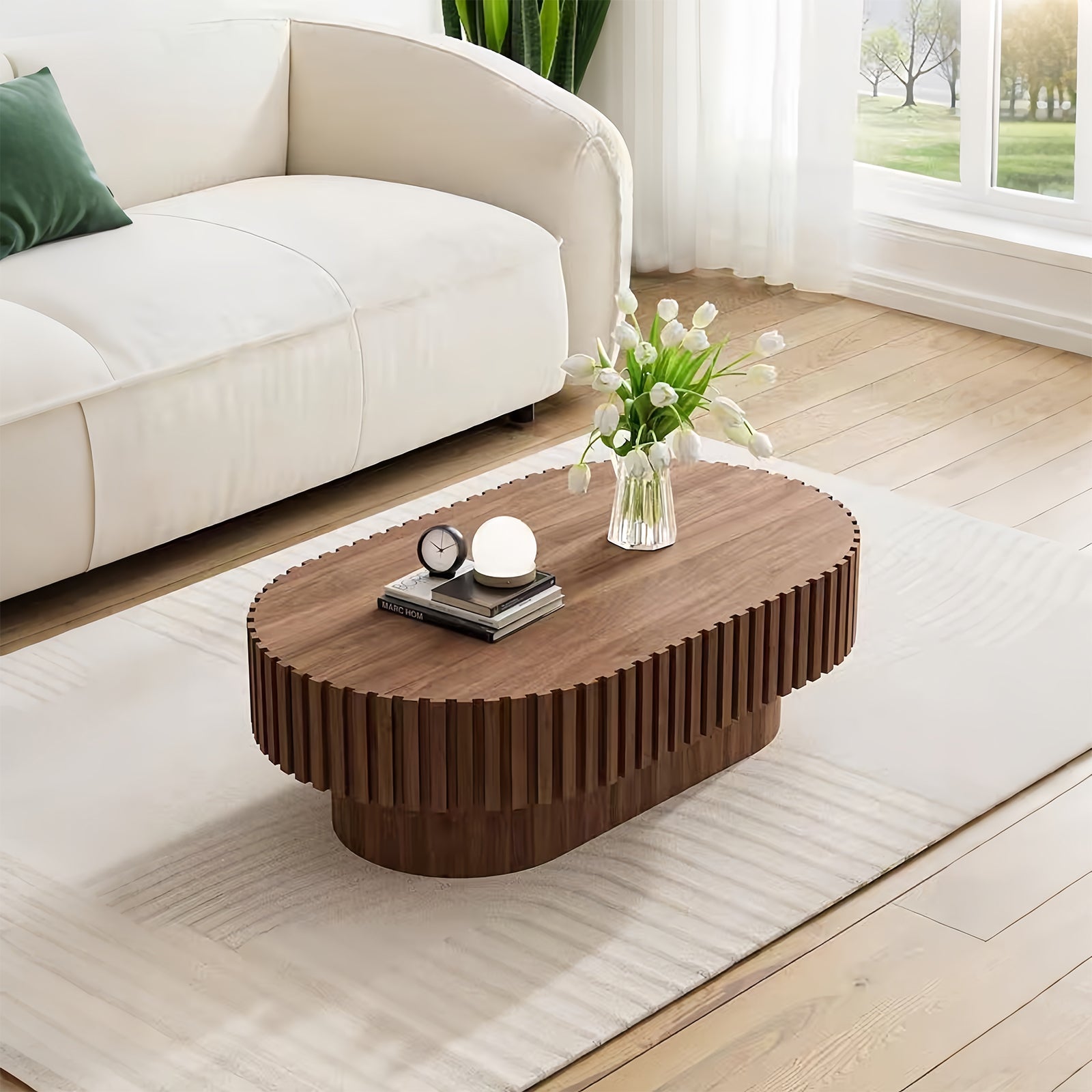 Oval Coffee Table,Mid Century Modern Fluted Coffee Table with Pedestal, Classic Wood Coffee Table for Living Room, Bedroom, Apartment, Office, Small Space, 43.1" Walnut