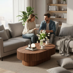 Oval Coffee Table,Mid Century Modern Fluted Coffee Table with Pedestal, Classic Wood Coffee Table for Living Room, Bedroom, Apartment, Office, Small Space, 43.1" Walnut