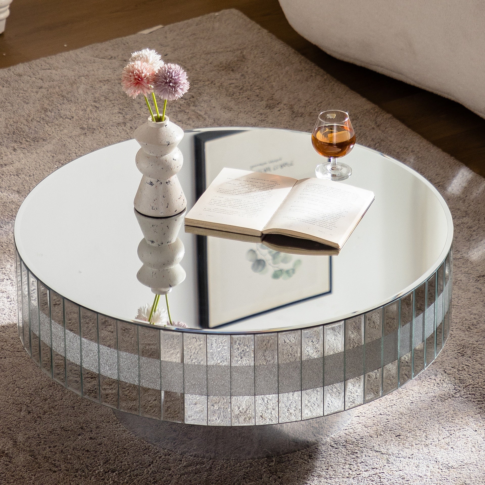 Round Mirrored Coffee Table 30.91 inches Large Decorative Bling Crushed Diamond Around with Silver Mirror Crystal Edge Frame Luxury Modern Home Decor for Livingroom