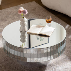 Round Mirrored Coffee Table 30.91 inches Large Decorative Bling Crushed Diamond Around with Silver Mirror Crystal Edge Frame Luxury Modern Home Decor for Livingroom