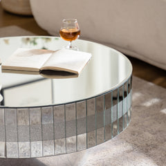 Round Mirrored Coffee Table 30.91 inches Large Decorative Bling Crushed Diamond Around with Silver Mirror Crystal Edge Frame Luxury Modern Home Decor for Livingroom