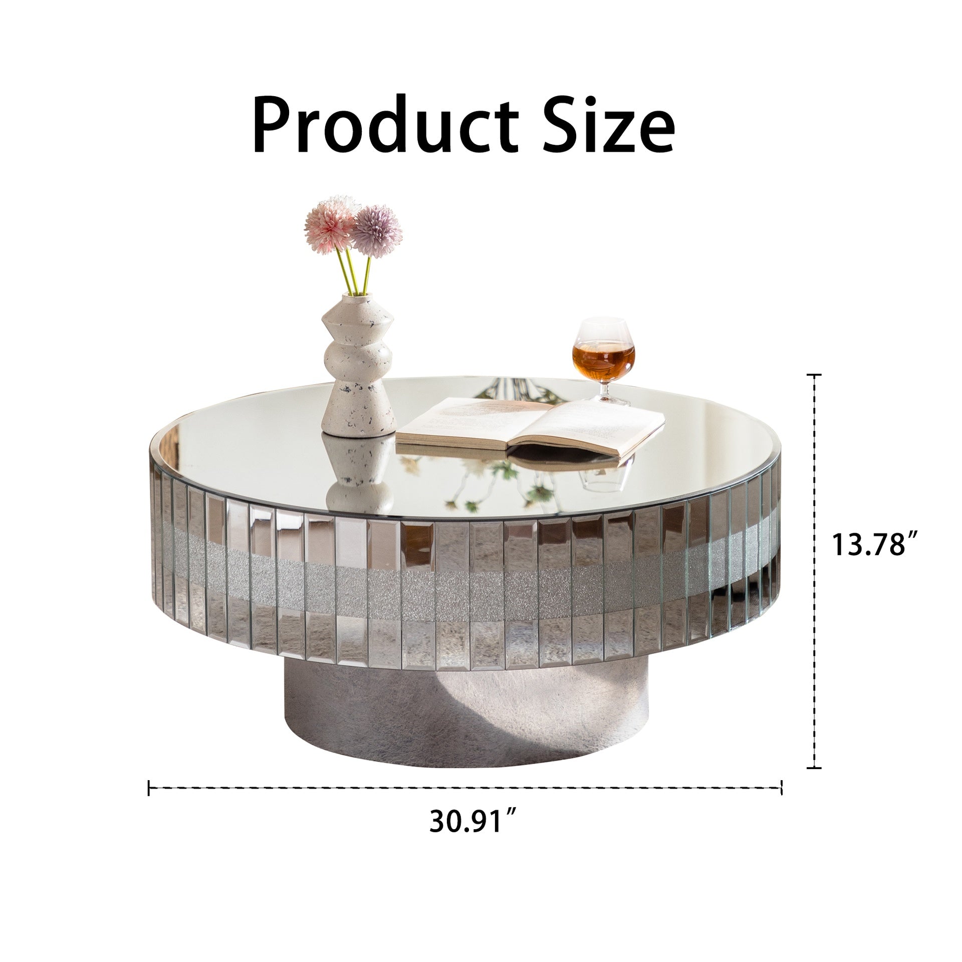 Round Mirrored Coffee Table 30.91 inches Large Decorative Bling Crushed Diamond Around with Silver Mirror Crystal Edge Frame Luxury Modern Home Decor for Livingroom