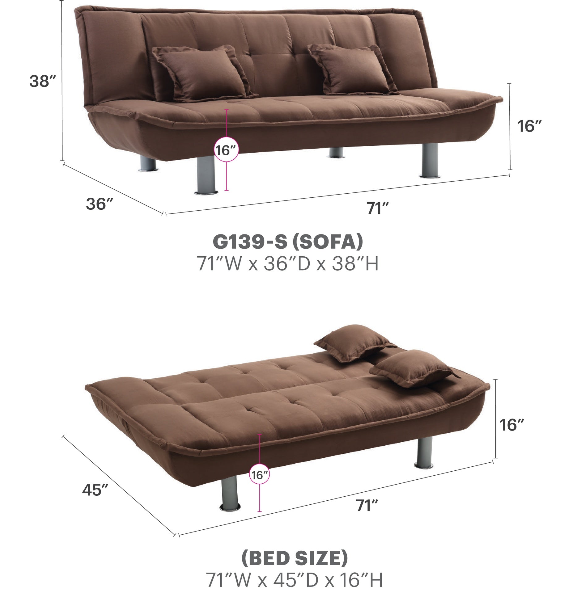 Glory Furniture Lionel G139-S Sofa Bed , CHOCOLATE