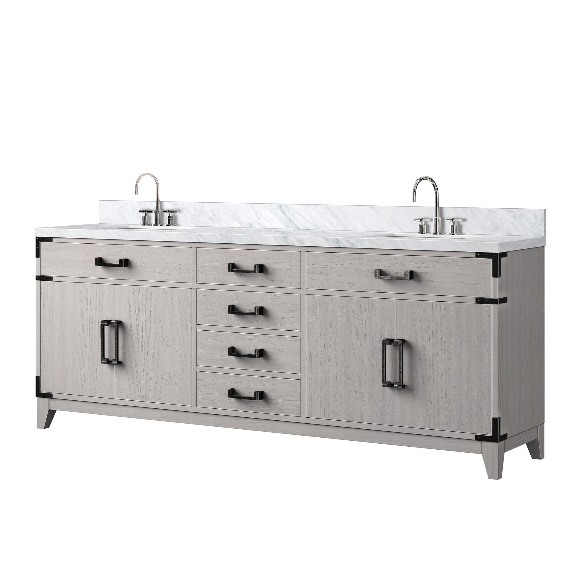 White Oak Double Bath Vanity 80 in. W x 22 in. D, Carrara Marble Top, and Faucet Set