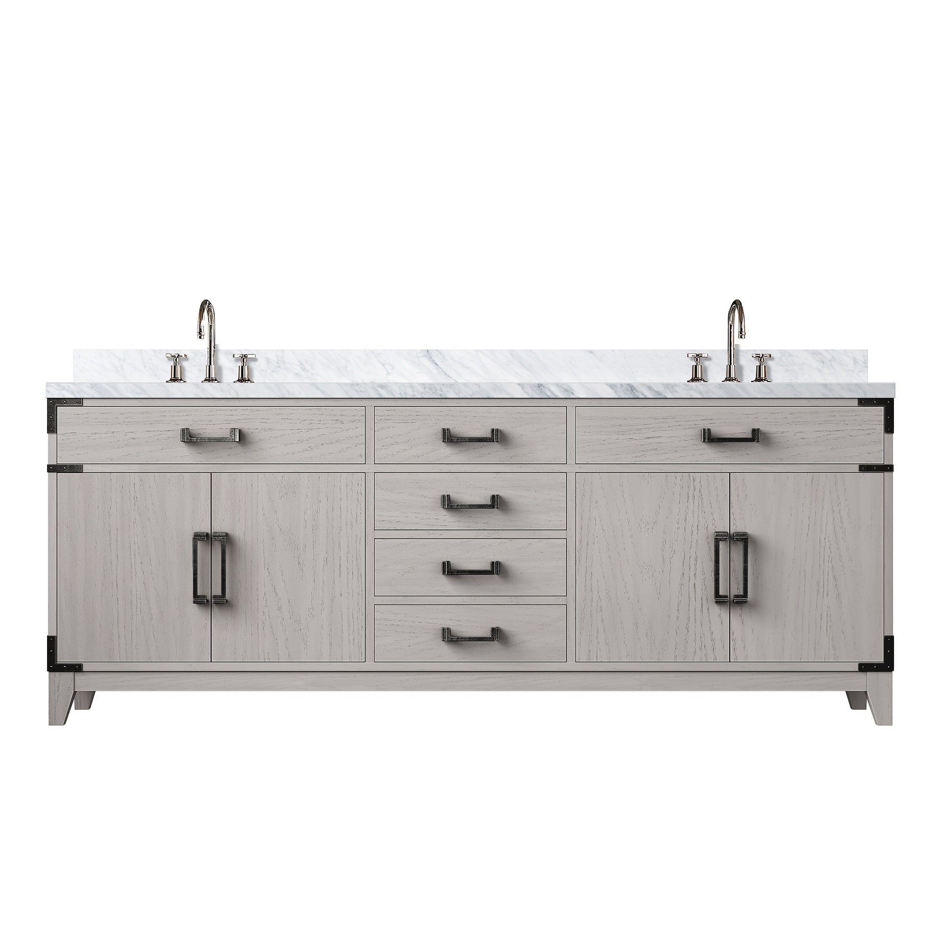 White Oak Double Bath Vanity 80 in. W x 22 in. D, Carrara Marble Top, and Faucet Set