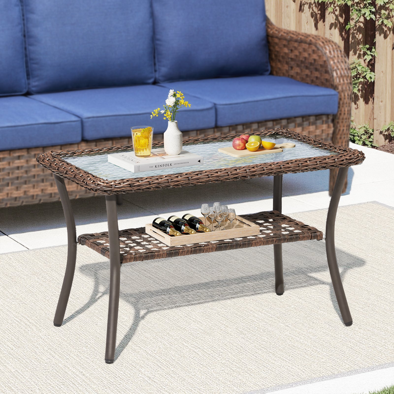 Outdoor Wicker Coffee Table,20x34x20 inch All Weather Rattan Patio Table, Rectangular Coffee Table for Pool Balcony Deck Porch, Brown