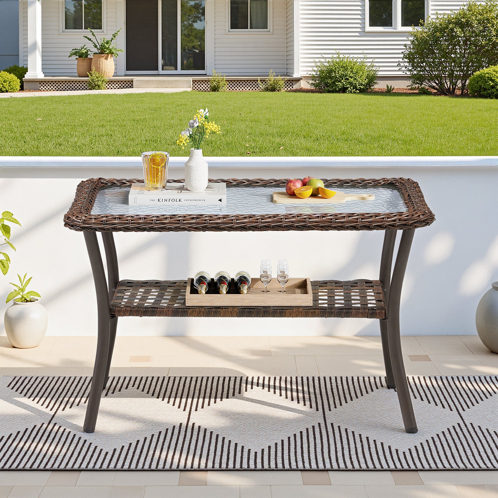 Outdoor Wicker Coffee Table,20x34x20 inch All Weather Rattan Patio Table, Rectangular Coffee Table for Pool Balcony Deck Porch, Brown