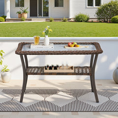 Outdoor Wicker Coffee Table,20x34x20 inch All Weather Rattan Patio Table, Rectangular Coffee Table for Pool Balcony Deck Porch, Brown