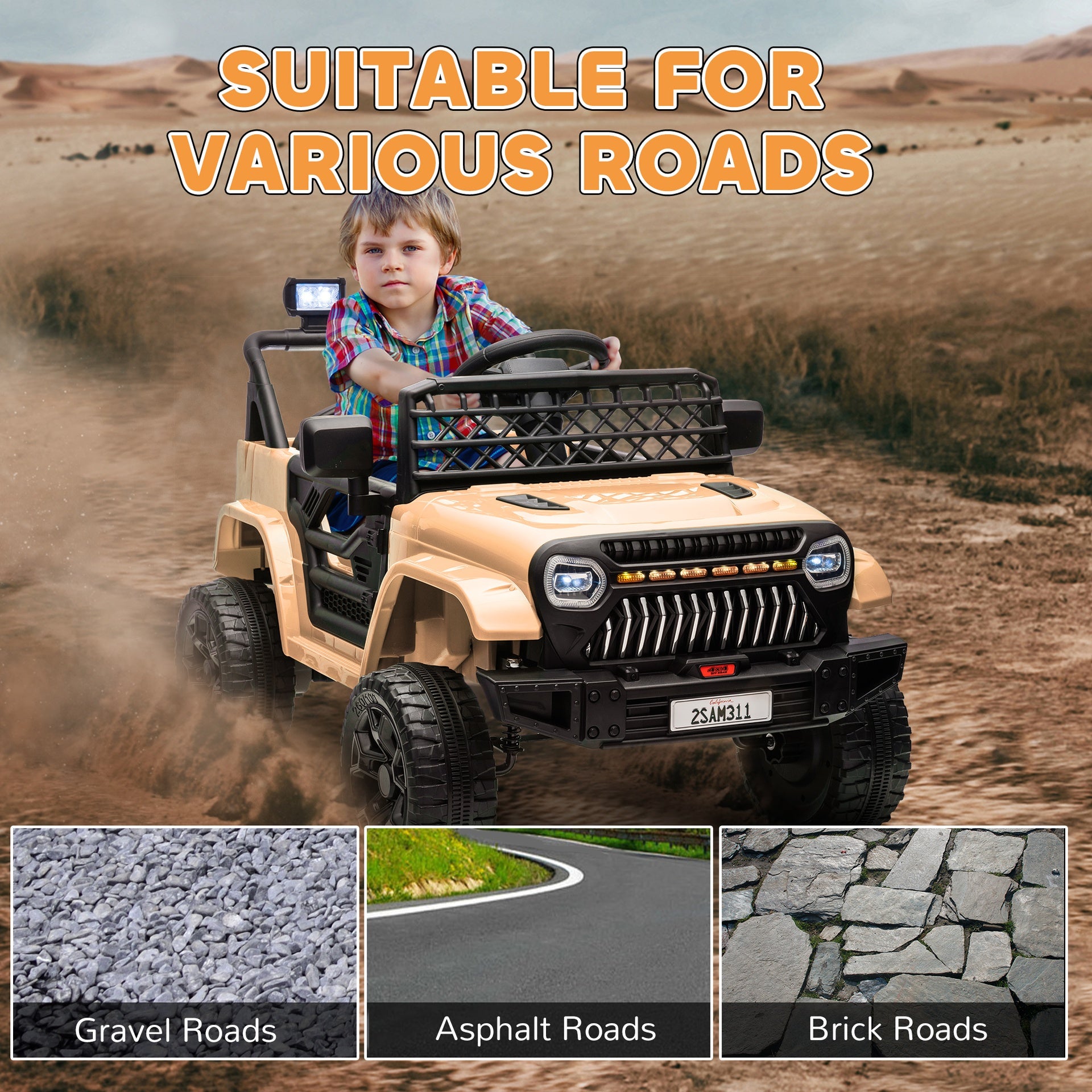 Qaba 12V Ride On Truck, Battery Powered Kids Electric Car UTV with 4 Suspension Wheels, Remote Control, 3 Speeds, LED Headlights, Horn, USB Music, Khaki