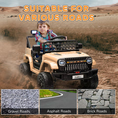 Qaba 12V Ride On Truck, Battery Powered Kids Electric Car UTV with 4 Suspension Wheels, Remote Control, 3 Speeds, LED Headlights, Horn, USB Music, Khaki