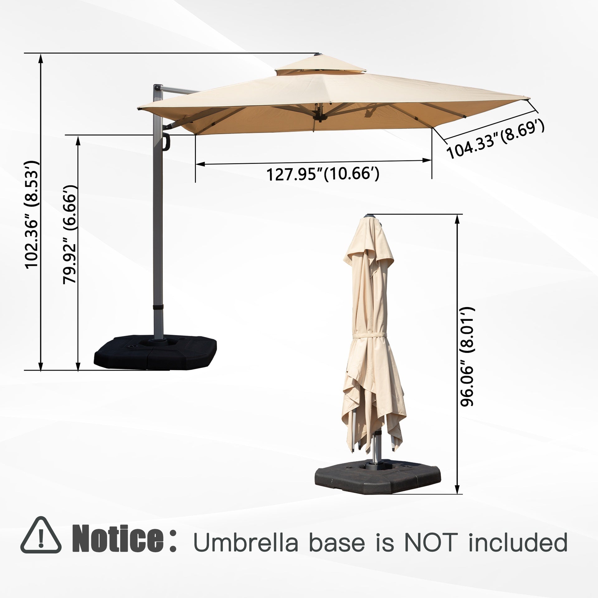 9'x 11' Rectangle Cantilever Umbrella with Center Pole, Beige (Base Not Included)