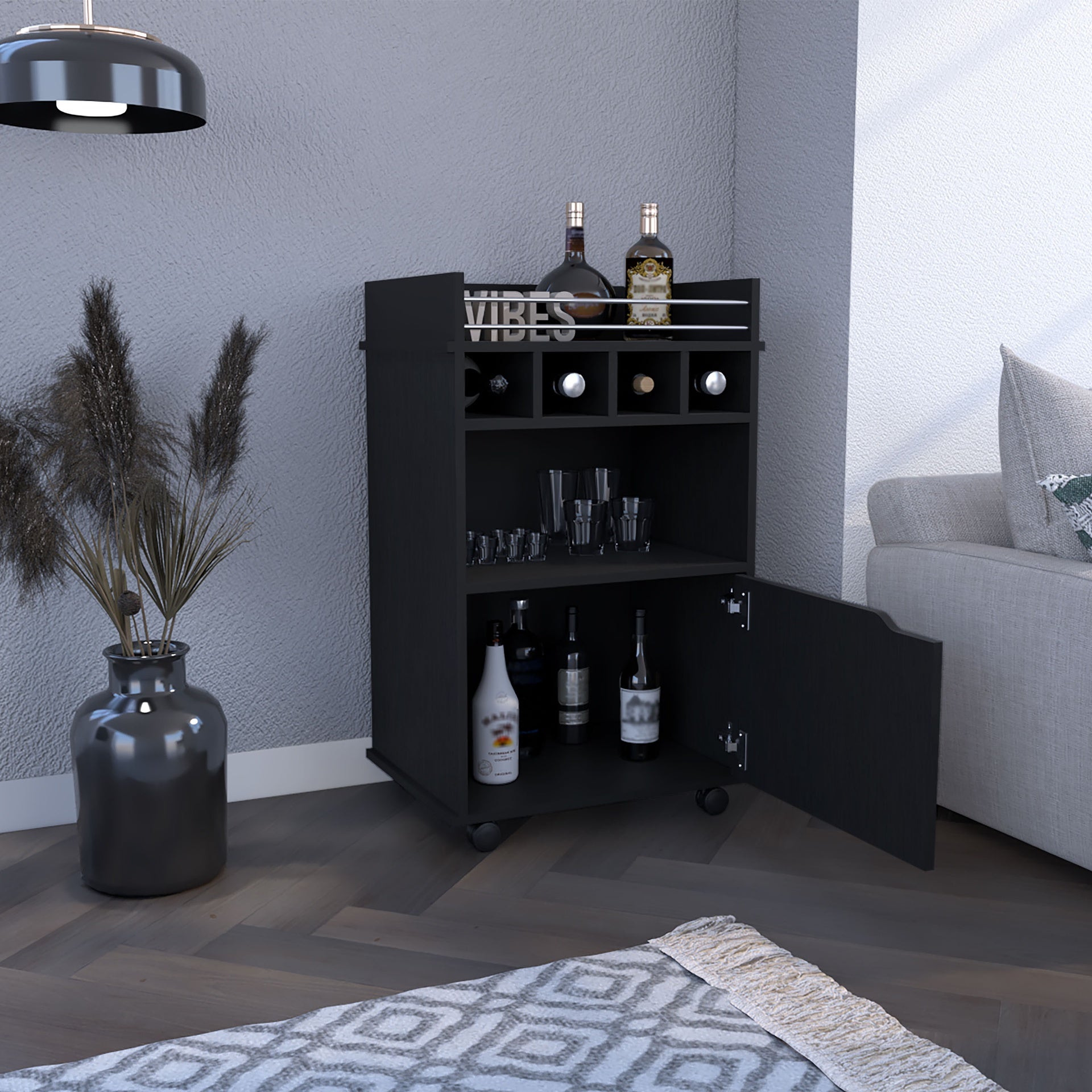 DEPOT E-SHOP Sims 35" H Bar Cart with Two Shelves four Wine Cubbies and One Cabinet,Black