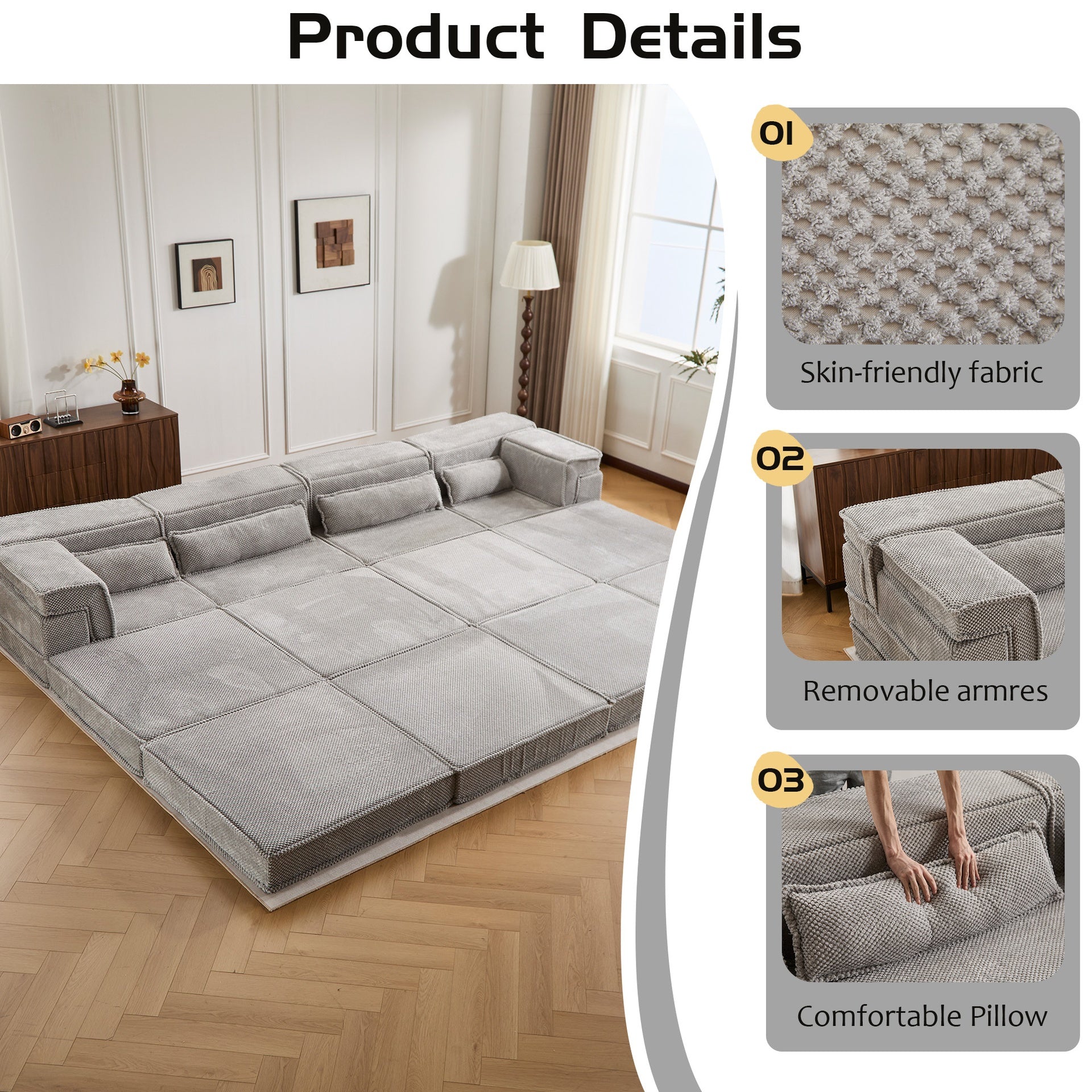 Compression Mahjong Sofa,Convertible Floor Sofa Bed,DIY Boneless Modular Sectional Sofa,No Assembly Required,Circle fleece fabric,Oversized 4 Seater with 2 Ottoman,Light-grey