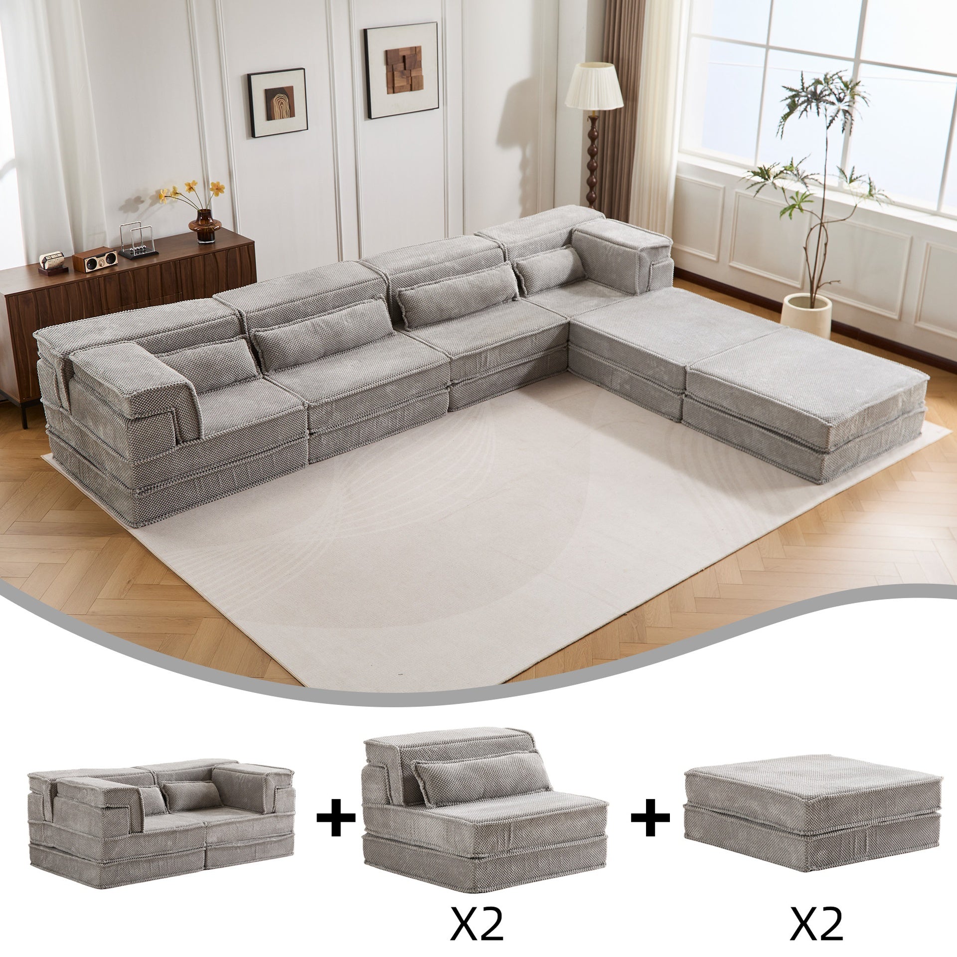Compression Mahjong Sofa,Convertible Floor Sofa Bed,DIY Boneless Modular Sectional Sofa,No Assembly Required,Circle fleece fabric,Oversized 4 Seater with 2 Ottoman,Light-grey