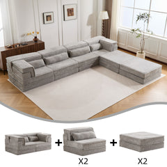 Compression Mahjong Sofa,Convertible Floor Sofa Bed,DIY Boneless Modular Sectional Sofa,No Assembly Required,Circle fleece fabric,Oversized 4 Seater with 2 Ottoman,Light-grey