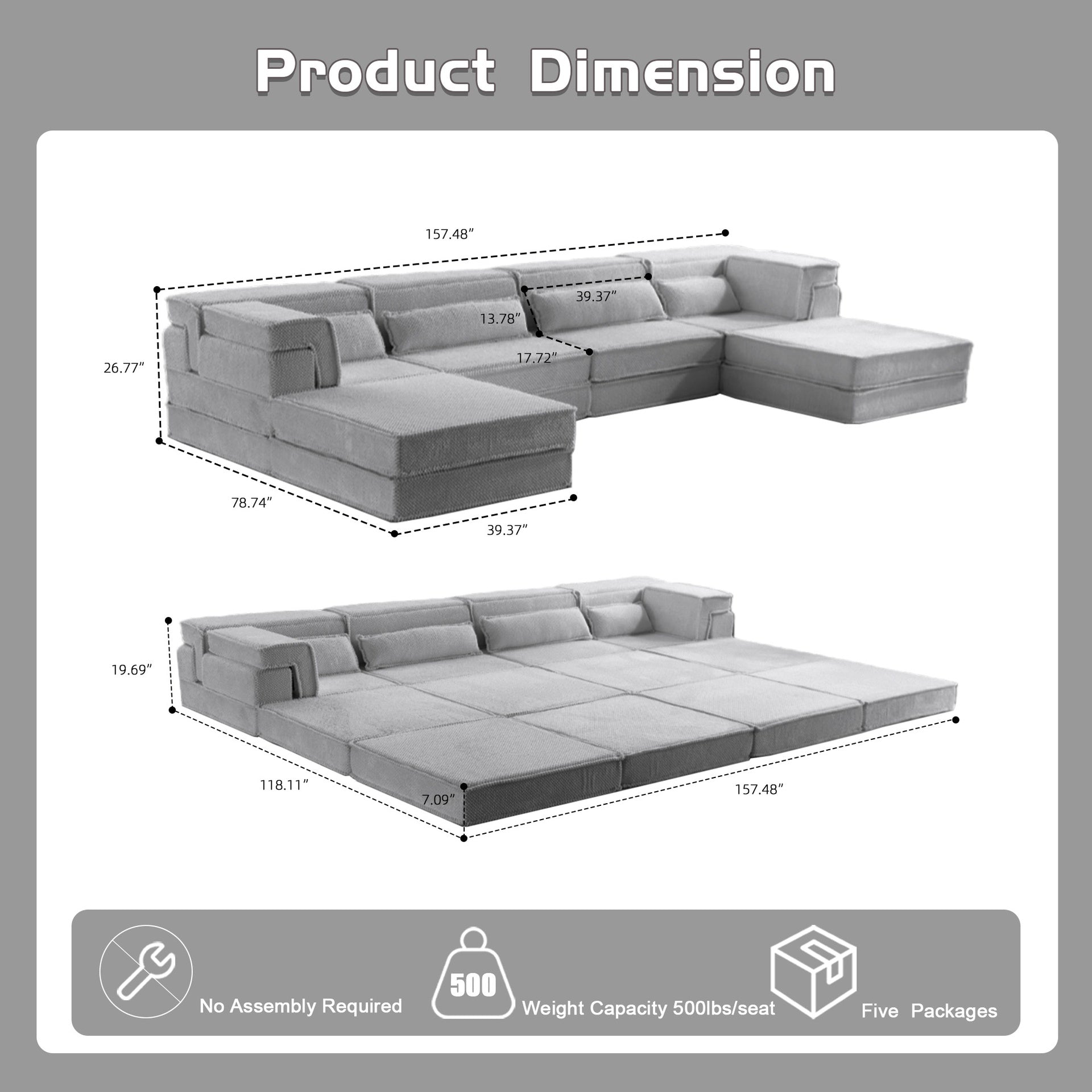 Compression Mahjong Sofa,Convertible Floor Sofa Bed,DIY Boneless Modular Sectional Sofa,No Assembly Required,Circle fleece fabric,Oversized 4 Seater with 2 Ottoman,Light-grey