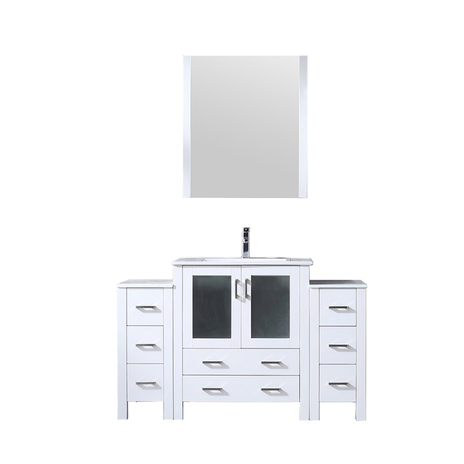 White Bath Vanity 54 in. W x 18.25 in. D, with Side Cabinets, Faucet Set, White Ceramic Top, and 28 in. Mirror