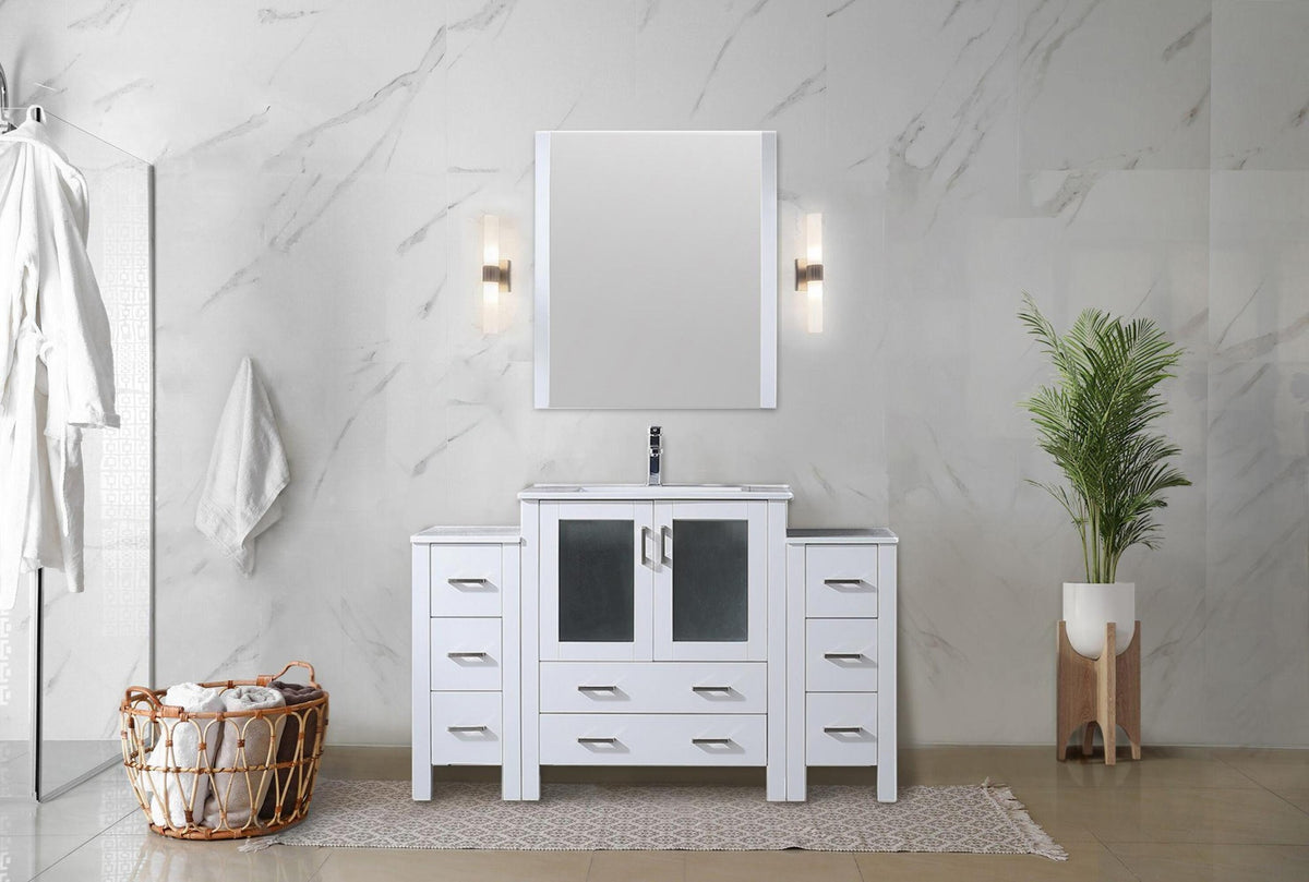 White Bath Vanity 54 in. W x 18.25 in. D, with Side Cabinets, Faucet Set, White Ceramic Top, and 28 in. Mirror
