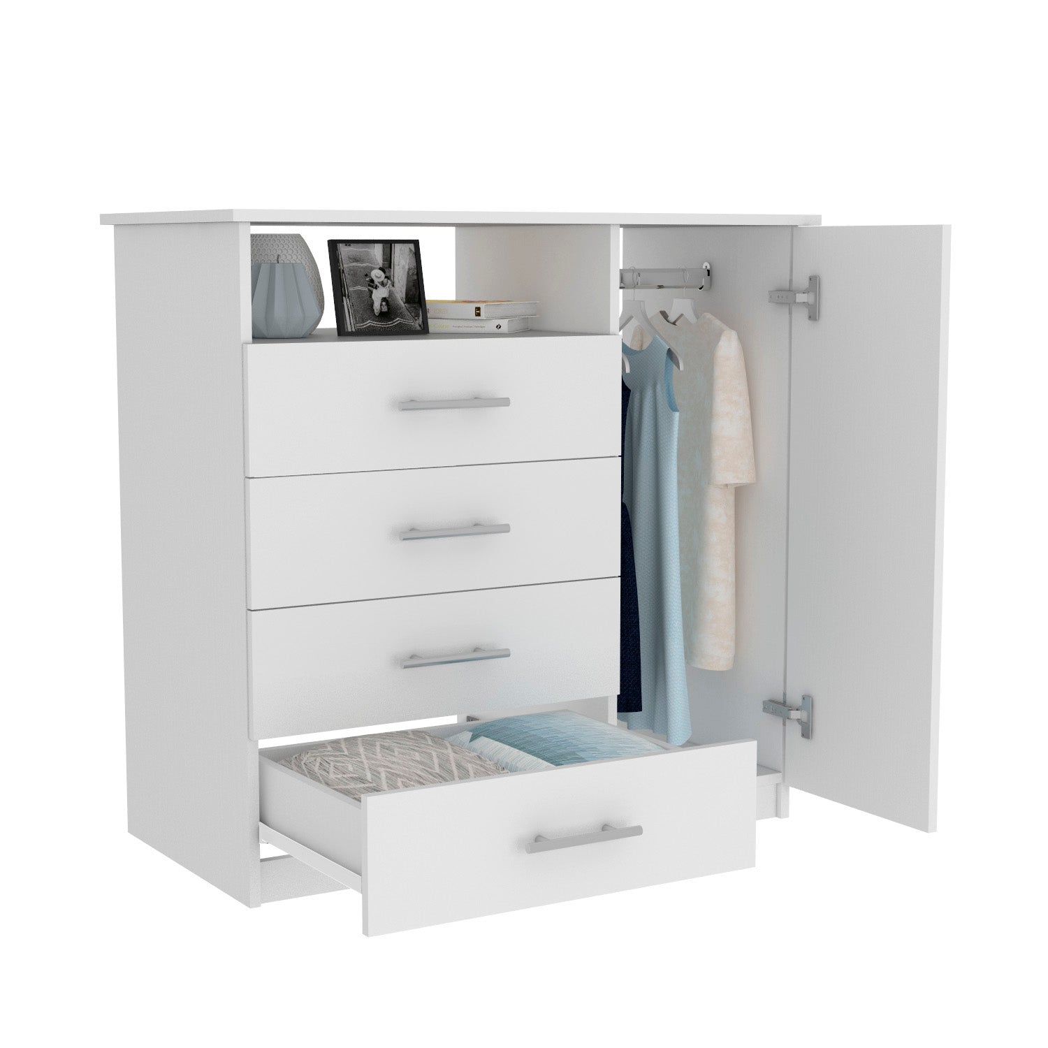 Peru 4 Drawer Dresser, Single Door Cabinet, One Open Shelf, Superior Top -White
