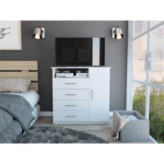 Peru 4 Drawer Dresser, Single Door Cabinet, One Open Shelf, Superior Top -White