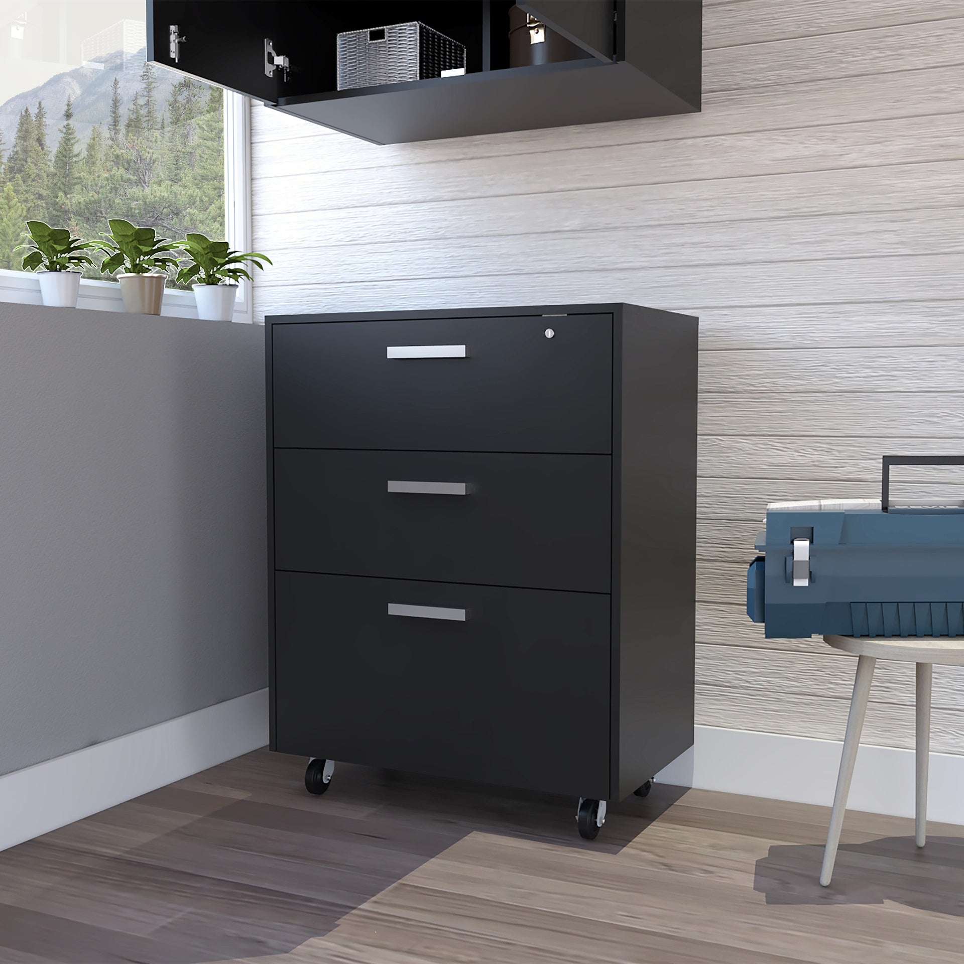 Three Drawer Base Cabinet  with Caster, lock and full extension rails fr Garage storage system Black