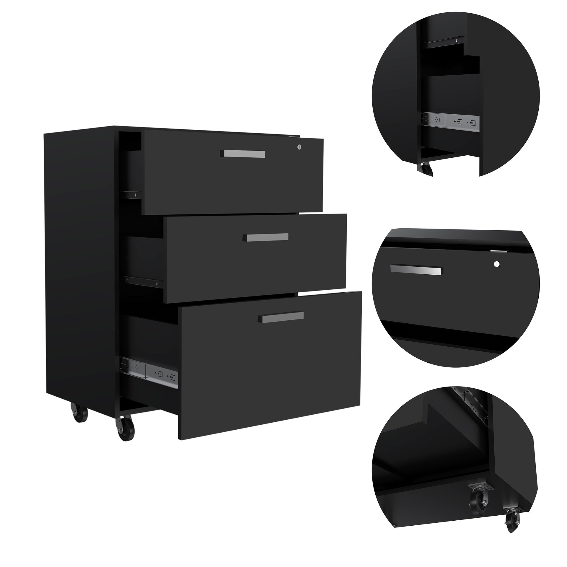 Three Drawer Base Cabinet  with Caster, lock and full extension rails fr Garage storage system Black